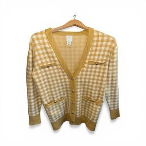 Joie Yellow and Cream Gingham V-Neck Cardigan Gold Lion Button Sweater Womens XS